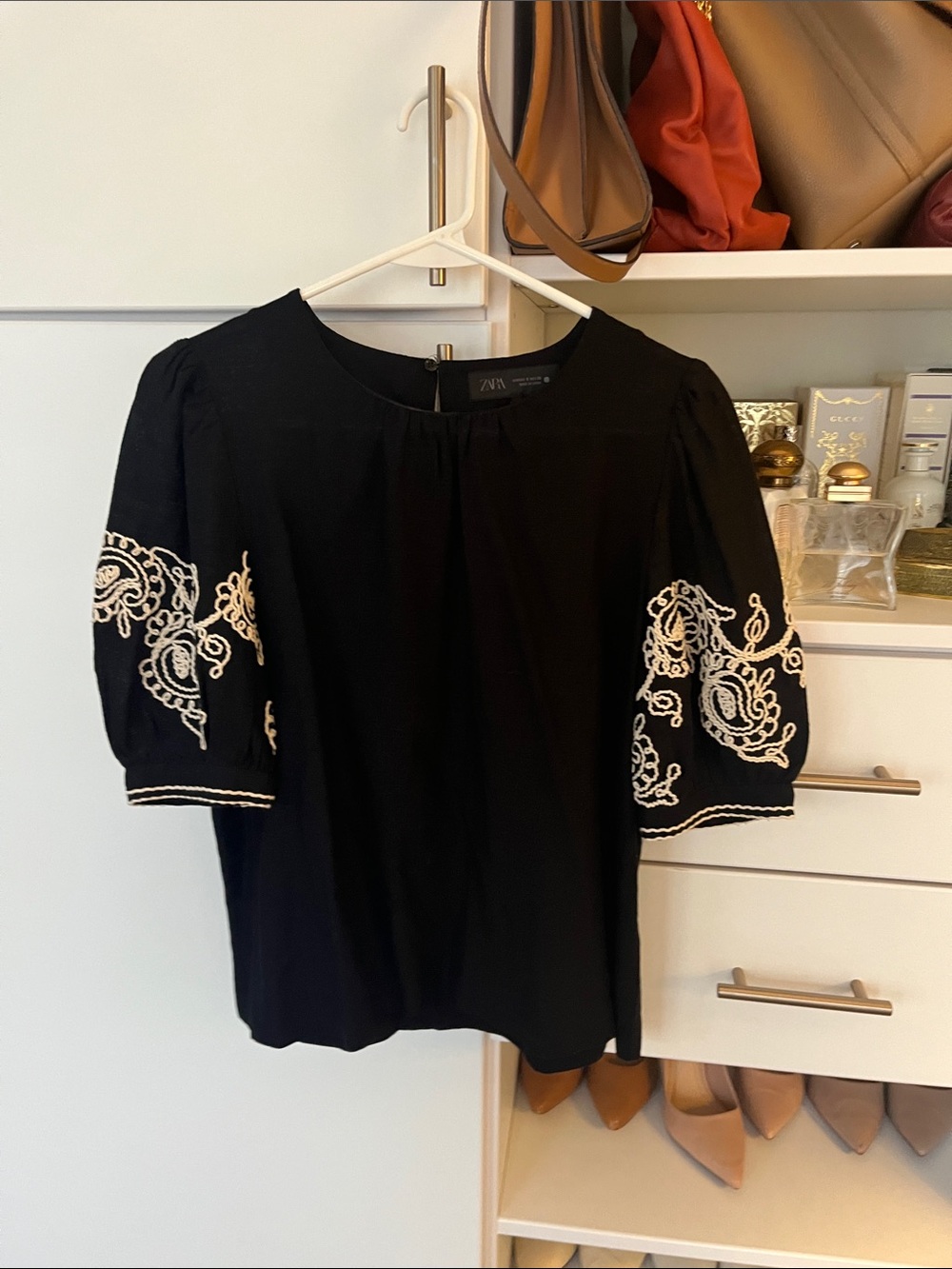 Zara Black Puff Sleeve Top with Cream Embroidery